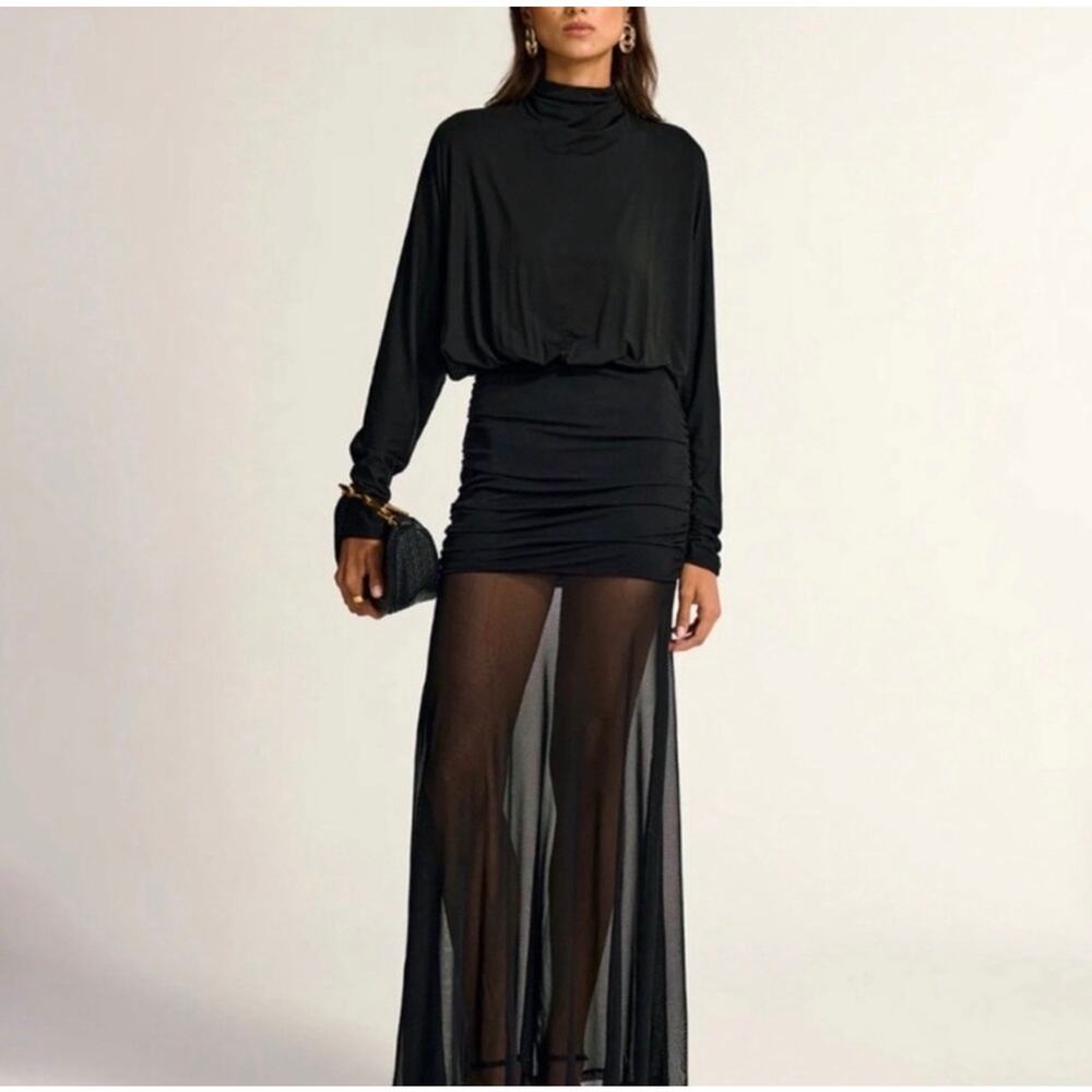 Commense- Turtleneck Long Sleeve Ruched Mesh Dress- Size Small- Navy
